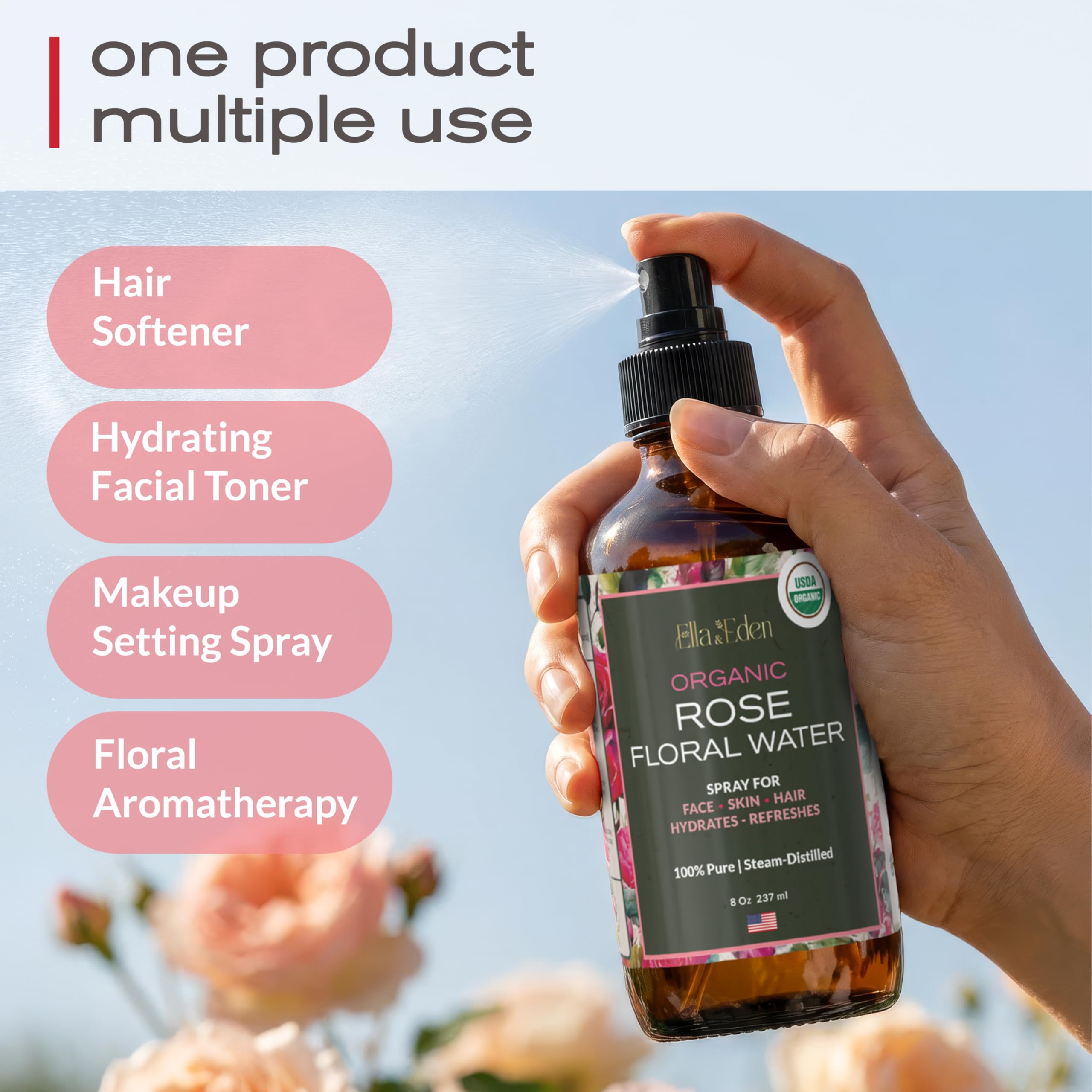 Aroma natural de rosas Ella & Eden en agua de rosa sin fragancias añadidas