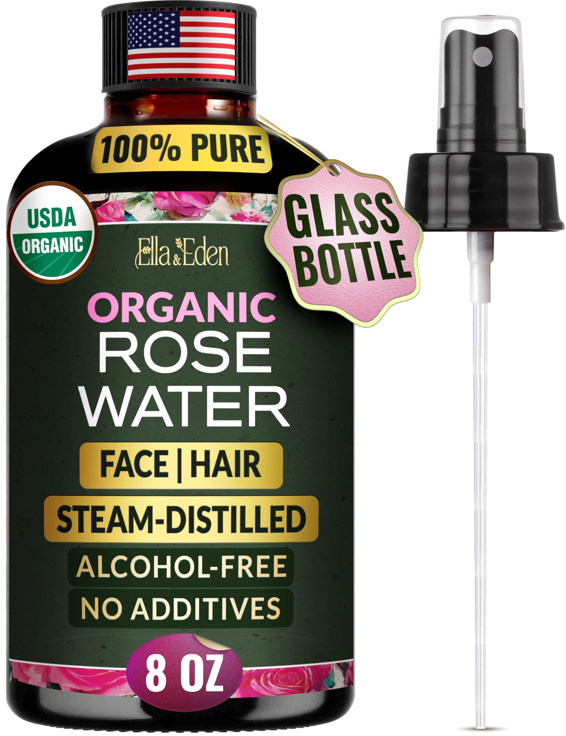 Ella & Eden agua de rosa en frasco de vidrio ambar para hidratacion suave