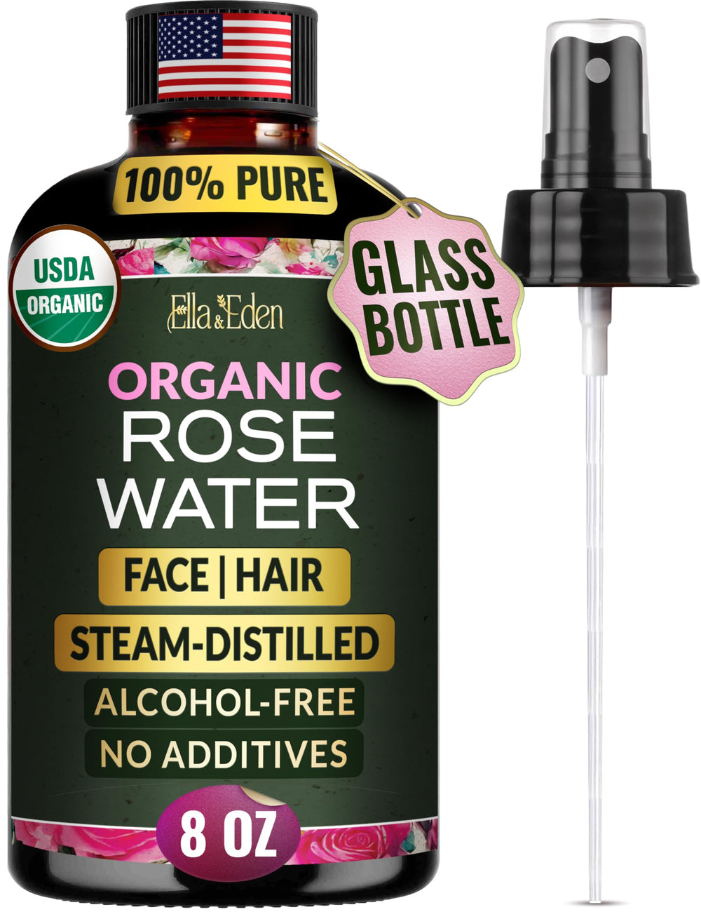 Ella & Eden agua de rosa en frasco de vidrio ambar para hidratacion suave