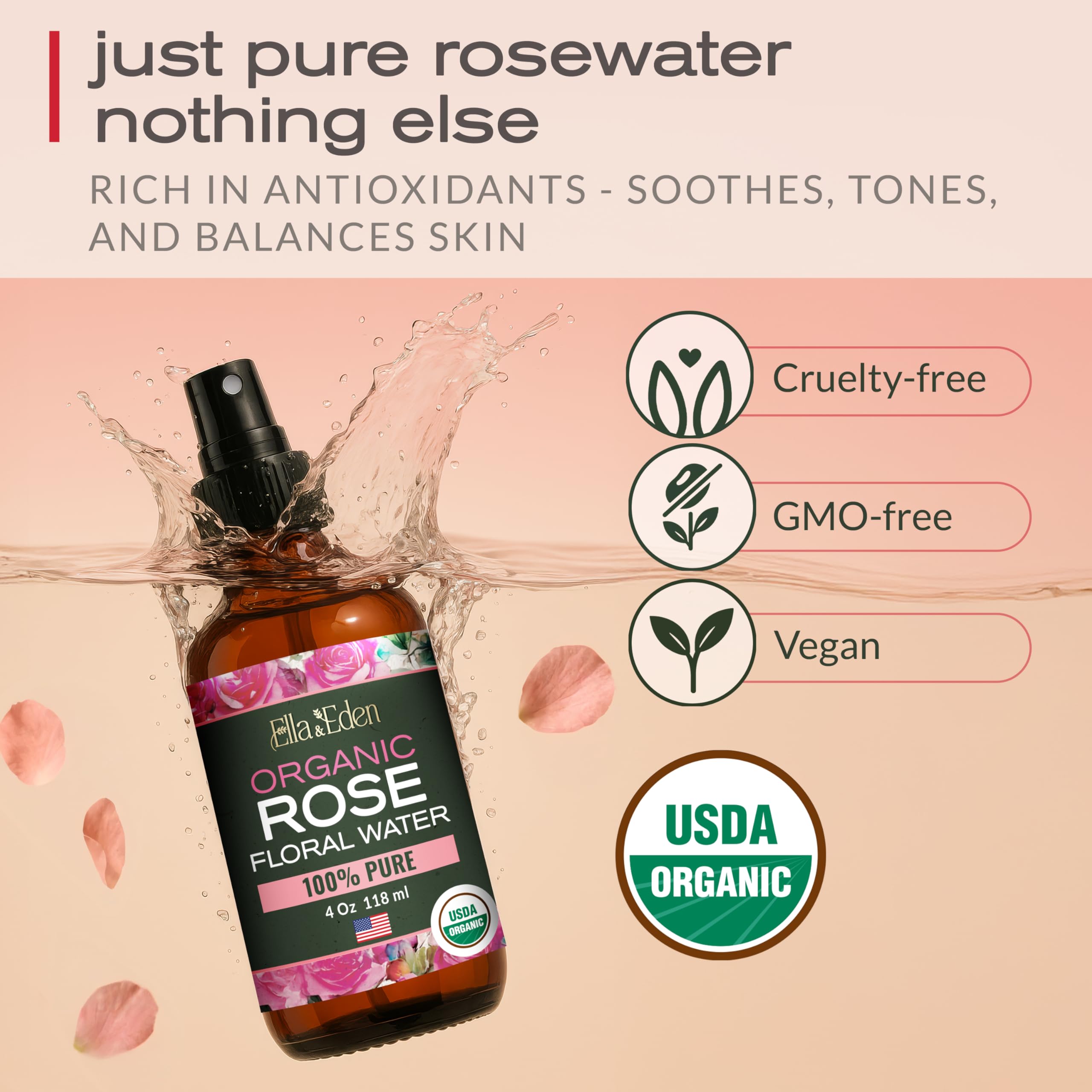 Ella & Eden vapor para cabello con agua de rosas, sensación fresca