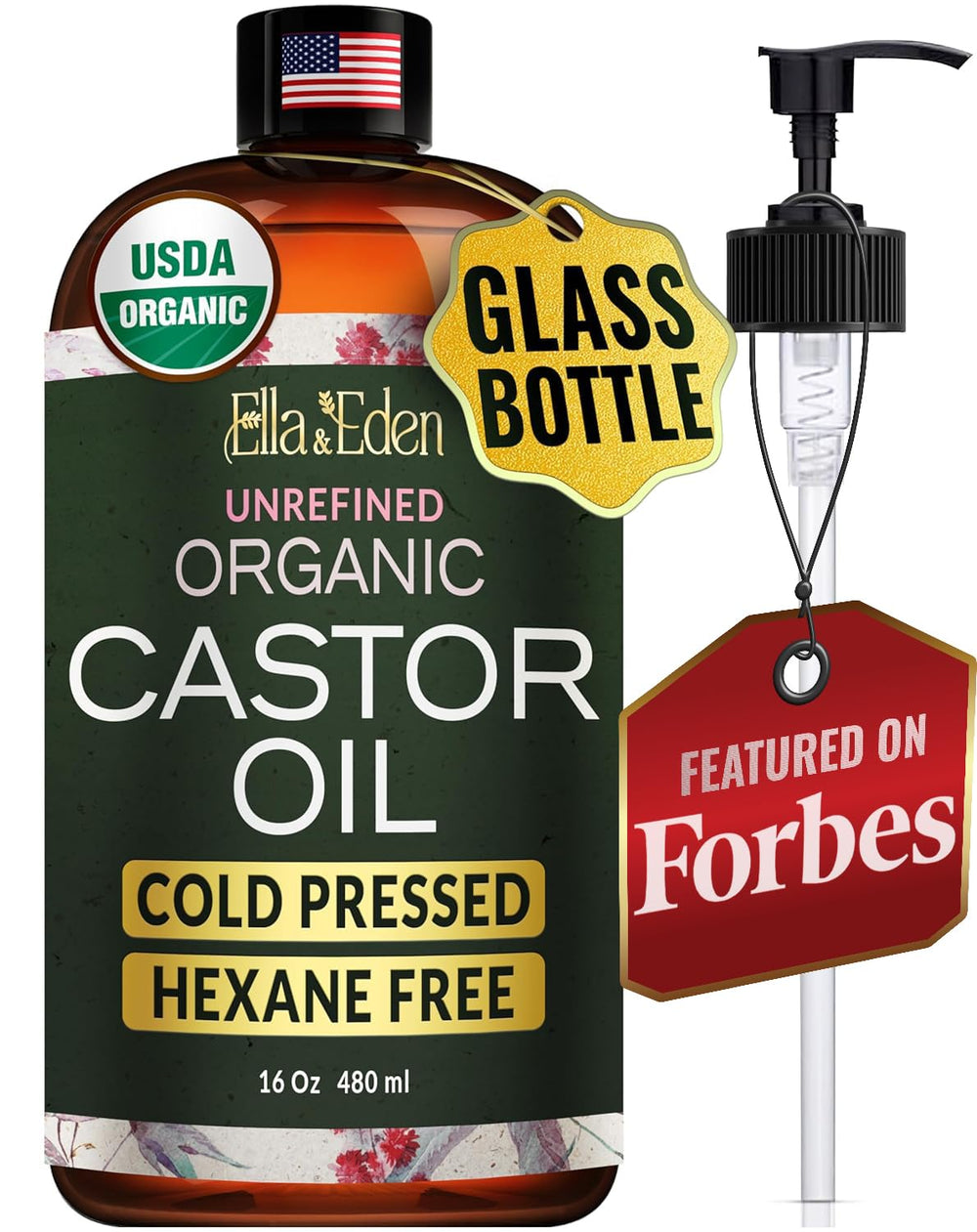 Ella & Eden castor oil bottle with pump for easy, mess-free use.