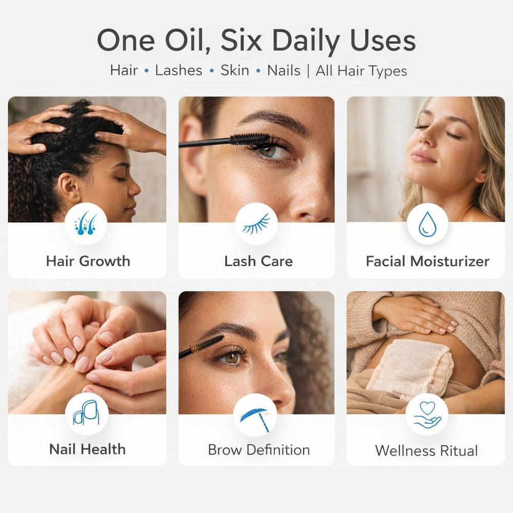 Ella & Eden castor oil on clean face provides deep skin hydration.