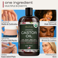 Ella & Eden castor oil label highlights organic, hexane-free formula and 32oz value.