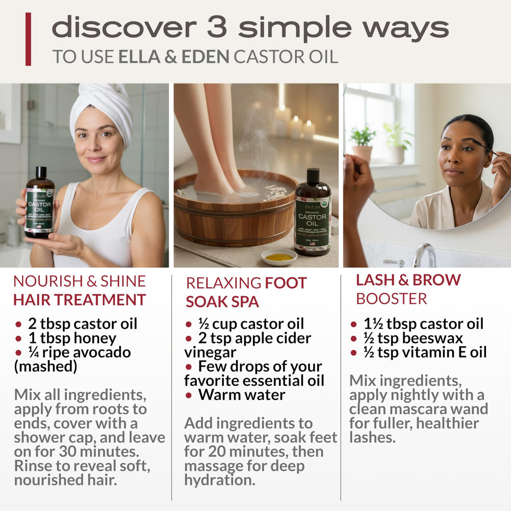 Pump dispenser on Ella & Eden castor oil for mess-free daily use.