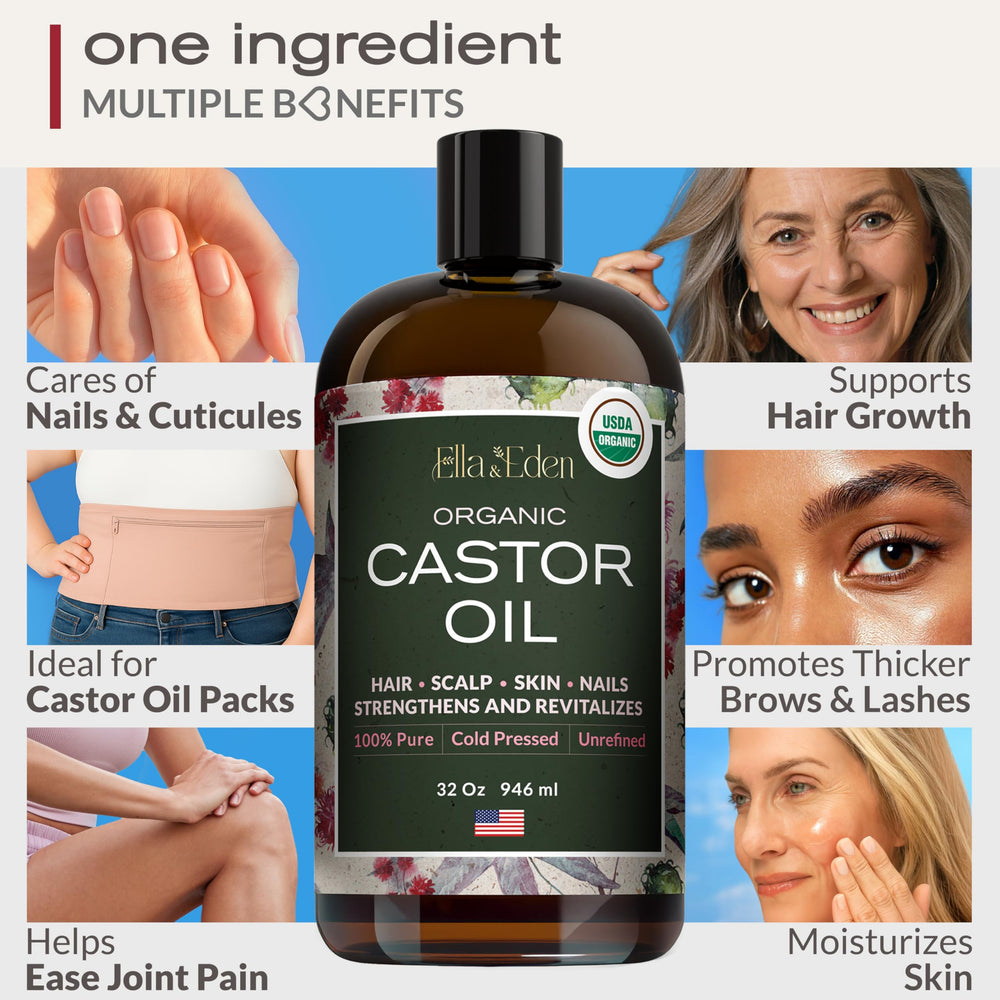 USDA-certified organic label on Ella & Eden castor oil bottle.