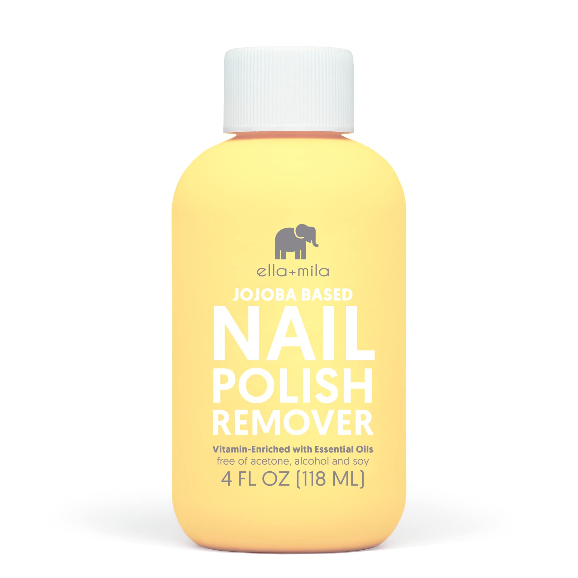 ella-mila jojoba nail polish remover bottle displaying non acetone formula for gentle polish removal