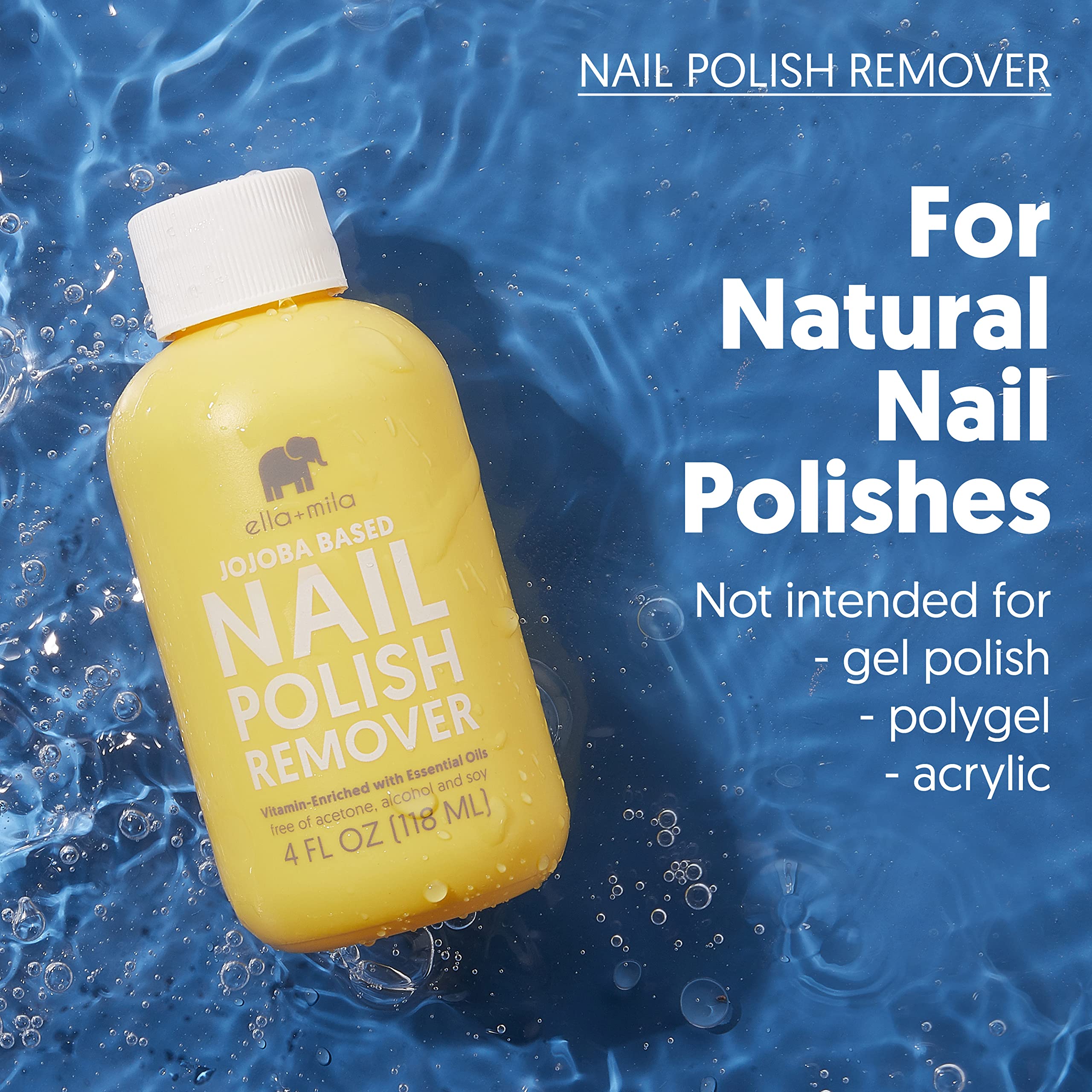 ella-mila jojoba nail polish remover close-up showing clear, non acetone liquid