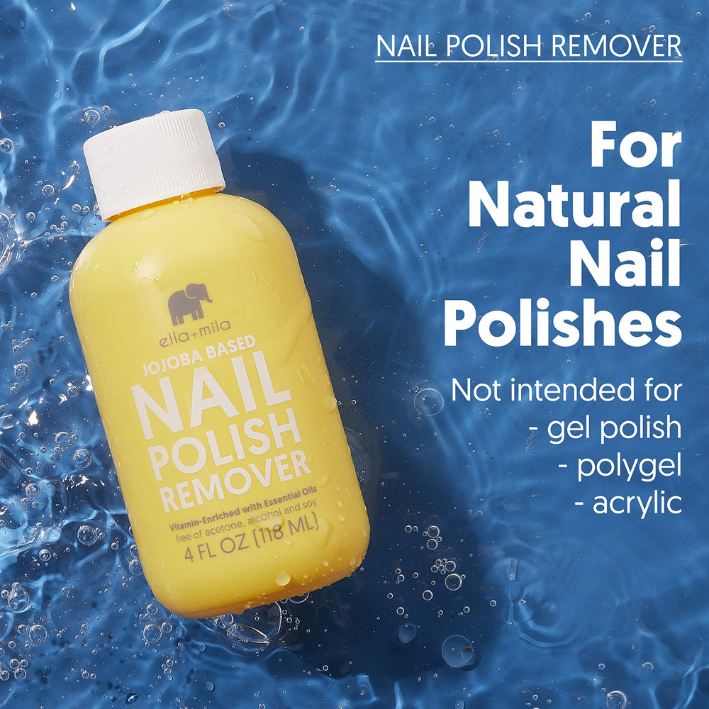 ella-mila jojoba nail polish remover close-up showing clear, non acetone liquid