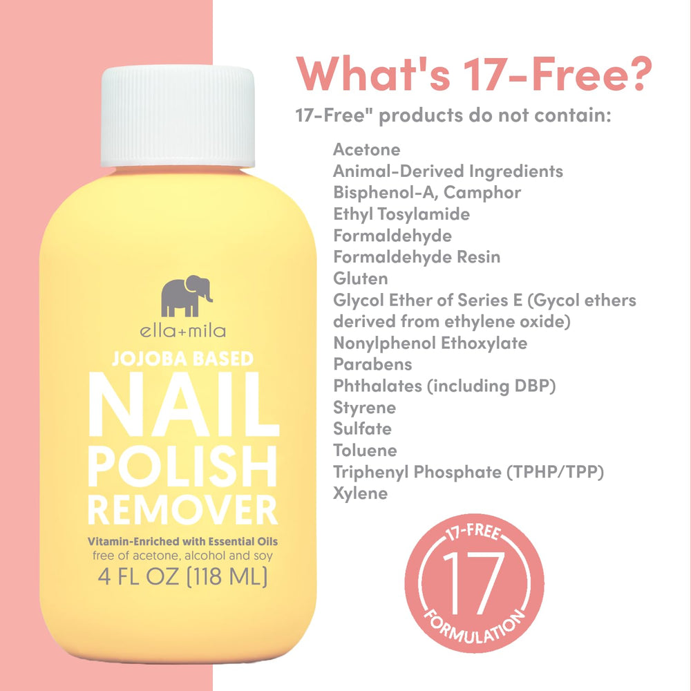 ella-mila jojoba nail polish remover ingredients chart featuring jojoba oil and vitamins