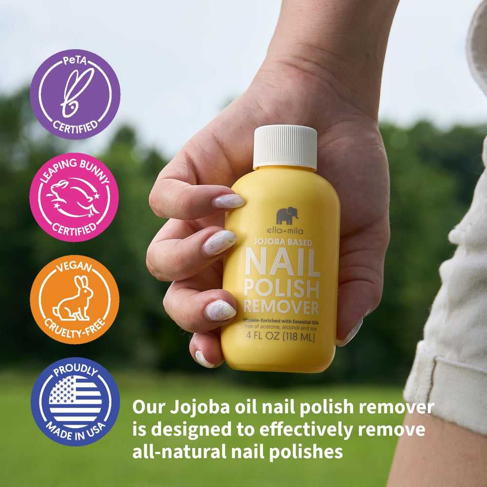 ella-mila jojoba nail polish remover packaging showing vegan and cruelty-free claims