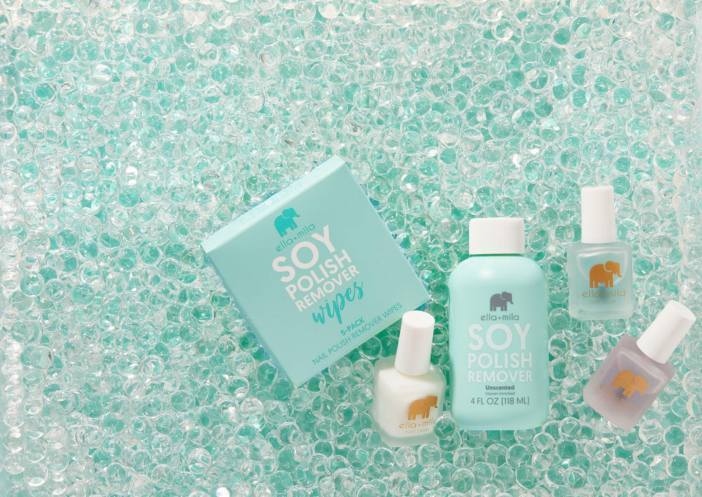 removal session with ella+mila demonstrates gentle, non-drying polish removal on nails.