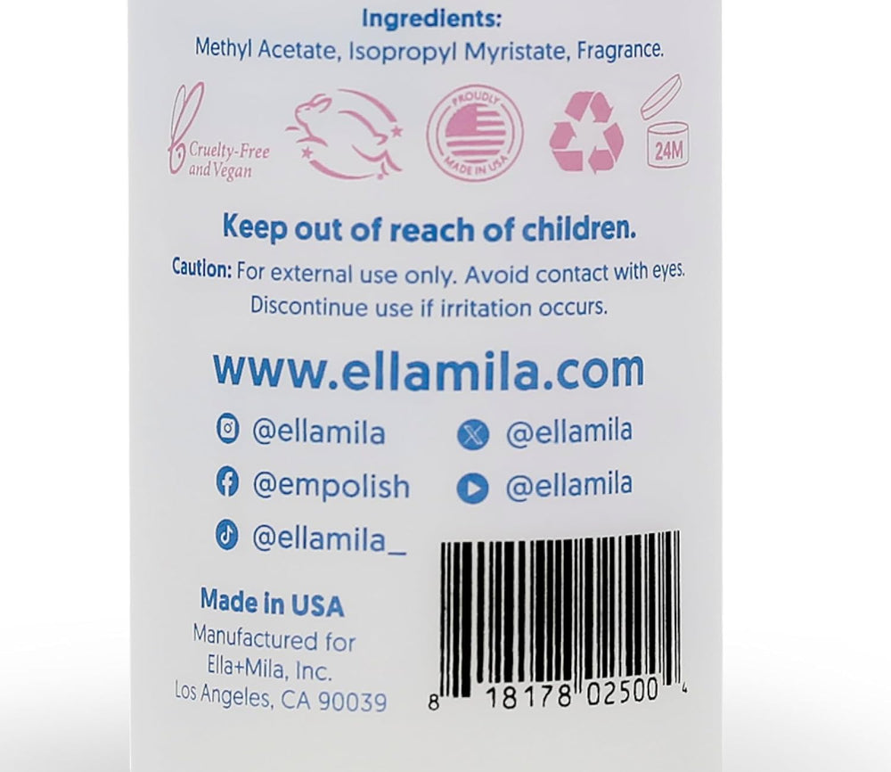ella-mila non-acetone remover label—vegan, cruelty-free, and US-made