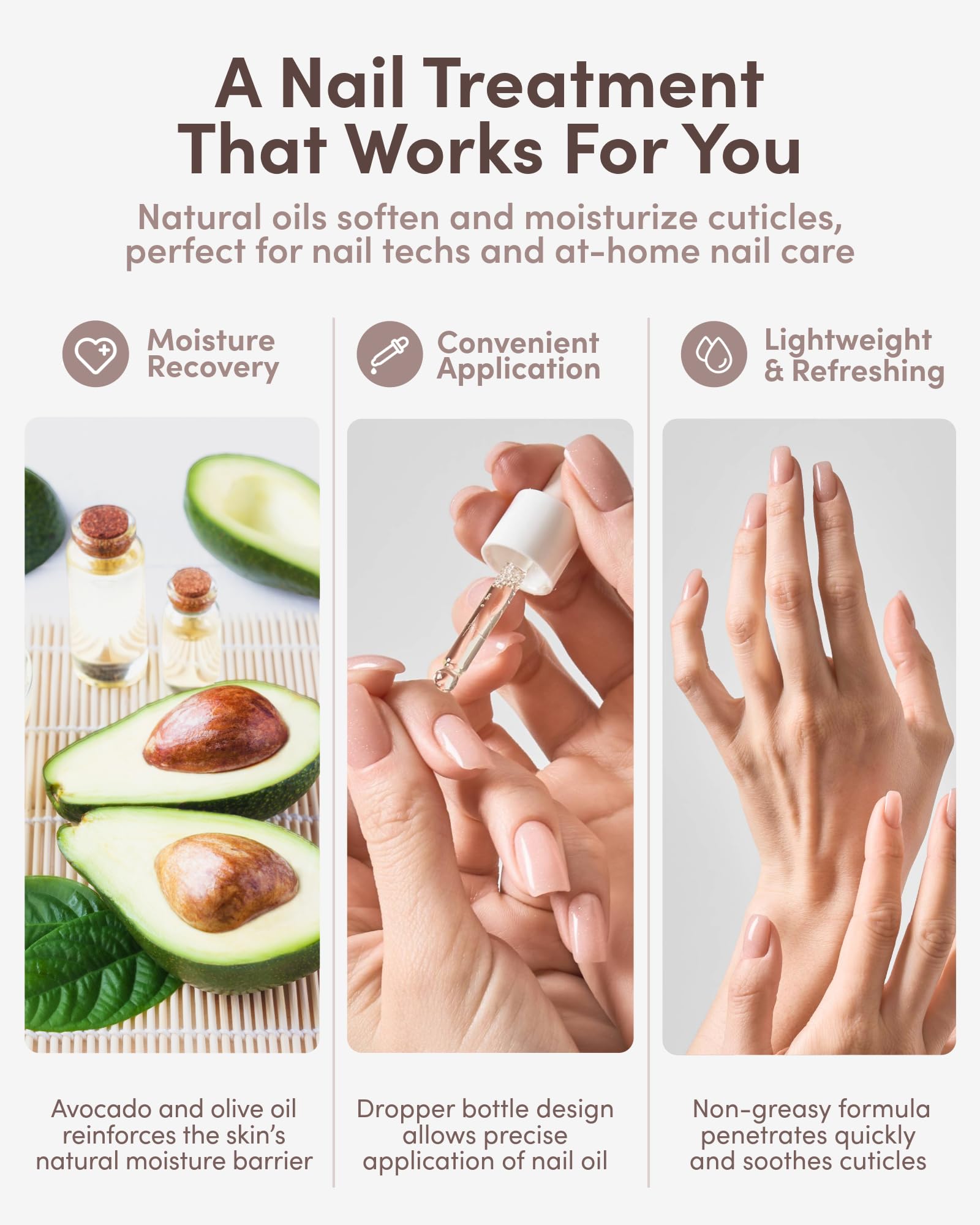 Olive and avocado oils shown as nourishing ingredients in ella-mila formula.