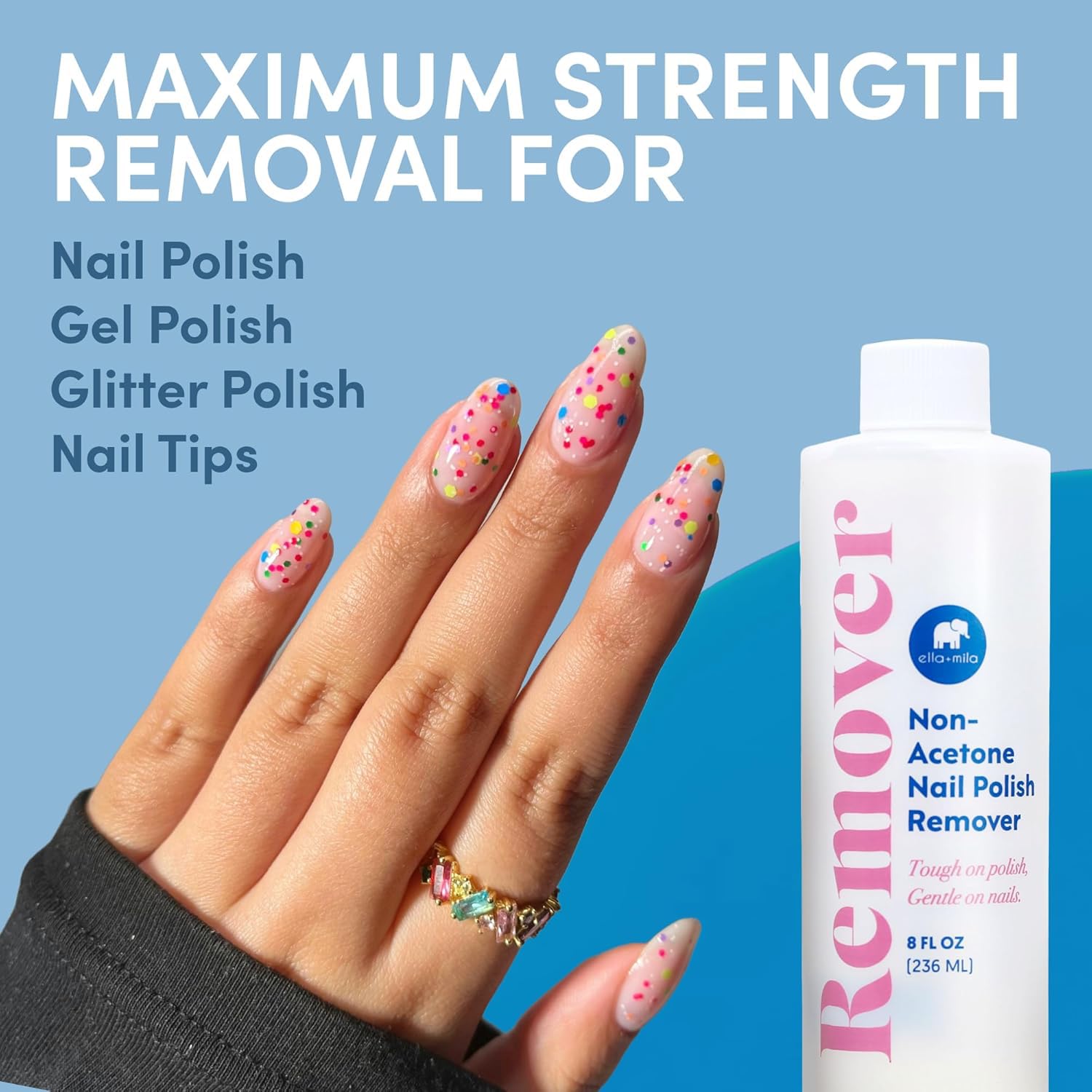 ella-mila remover bottle on vanity—convenient 8oz size for home manicures