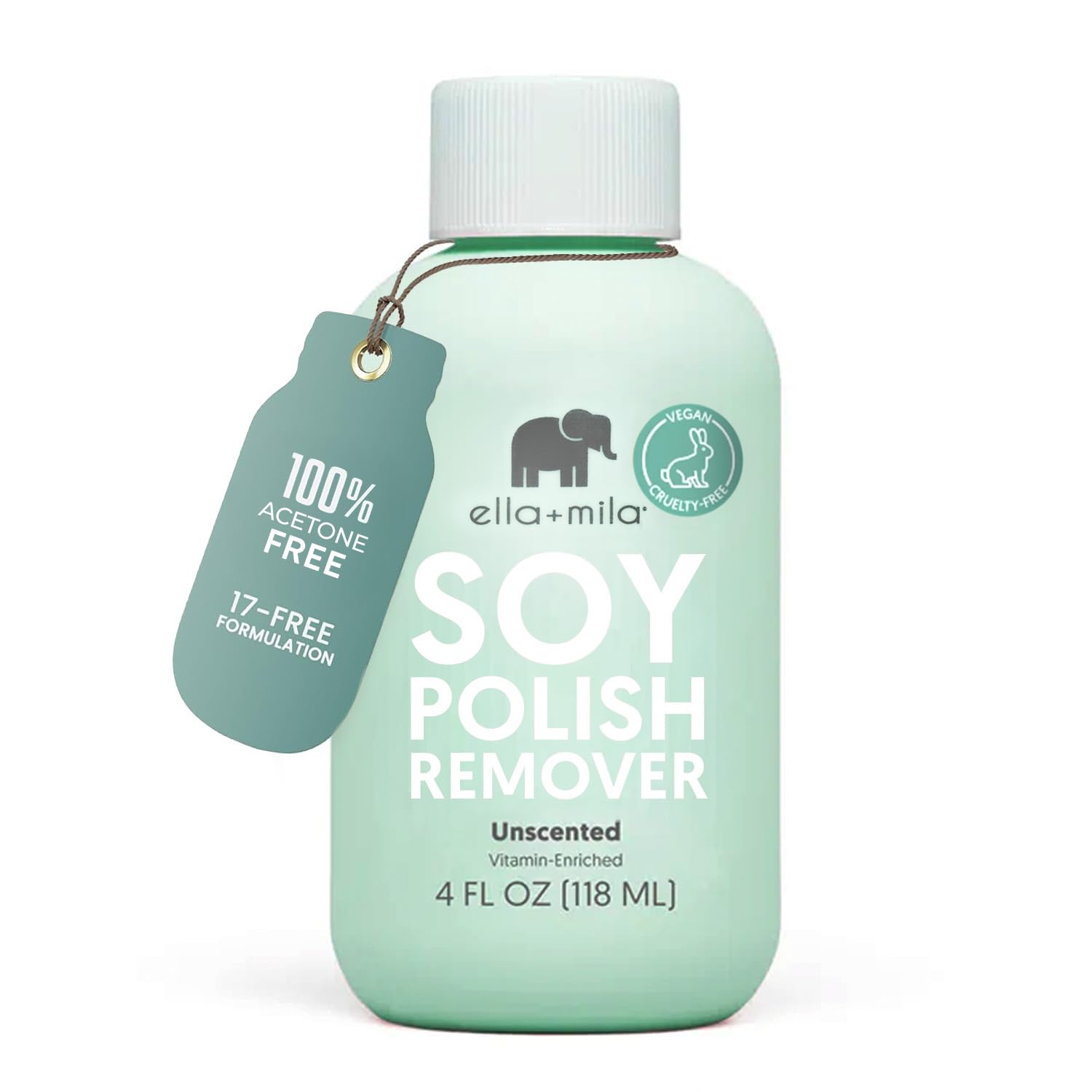 ella+mila soy nail polish remover bottle shows unscented, gentle formula for natural nails.