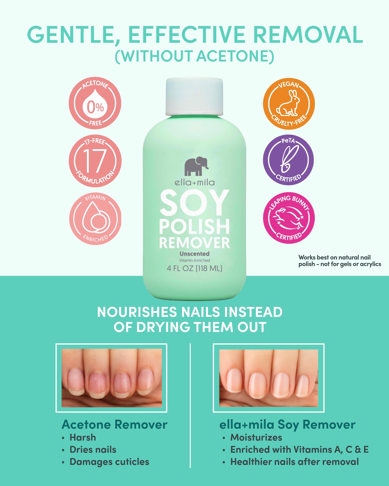ella+mila remover on cotton pad demonstrates simple, quick polish removal.
