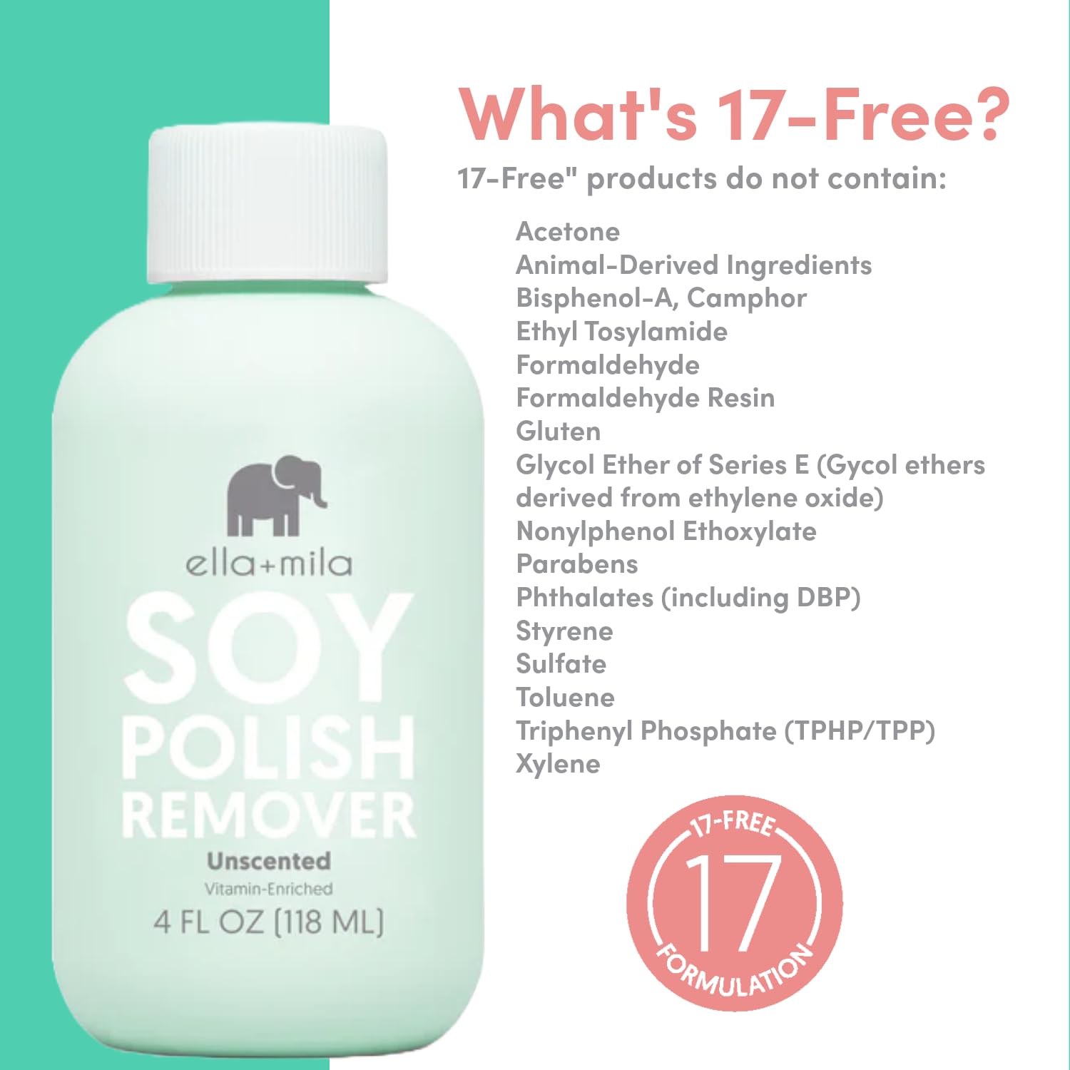 vegan cruelty-free badge on ella+mila remover emphasizes ethical choice.