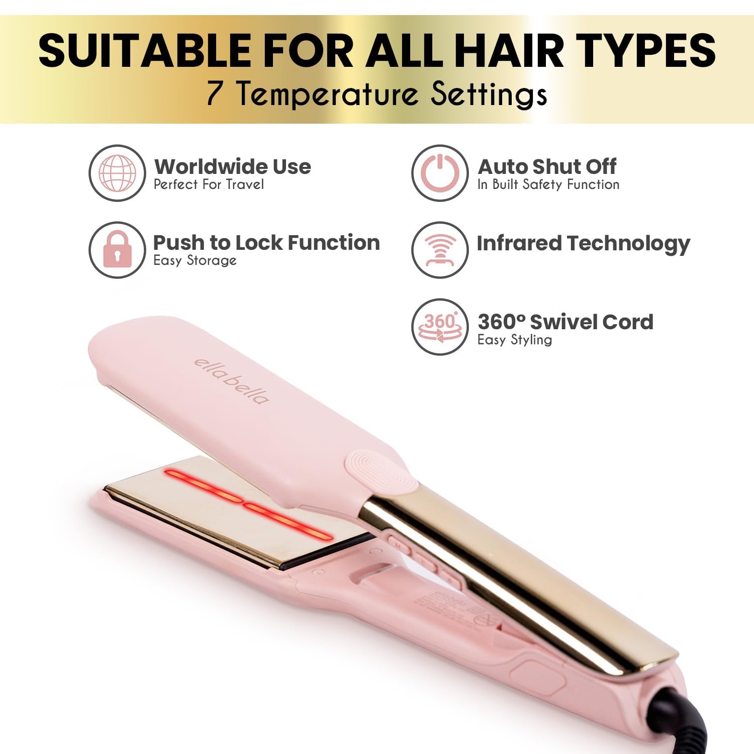 Ella Bella Titanium Flat Iron 360-degree swivel cord for easy maneuvering.