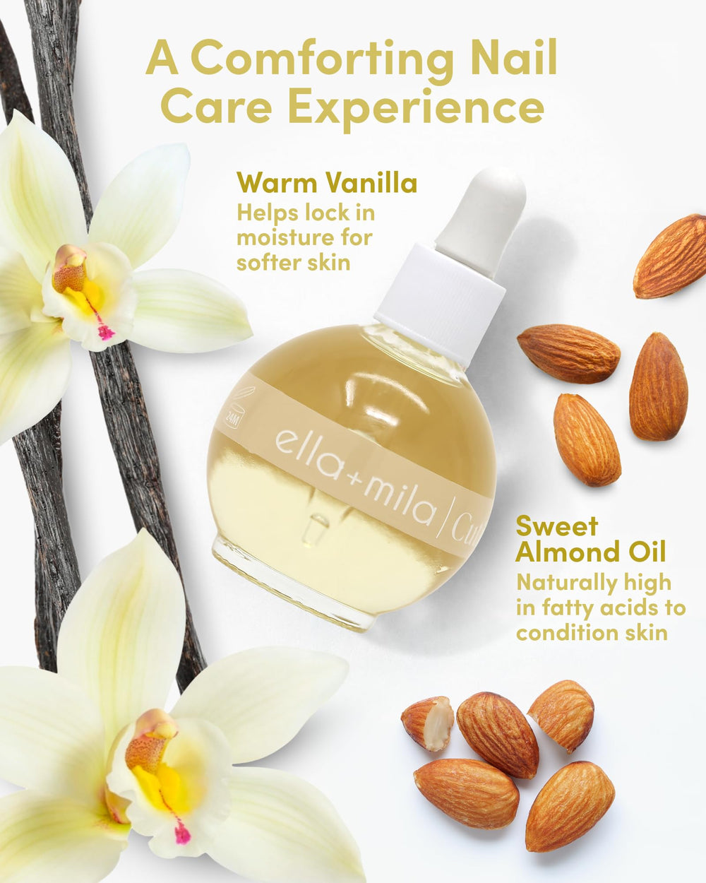 ella+mila Vanilla Dream bottle with warm scent enhances routine manicure