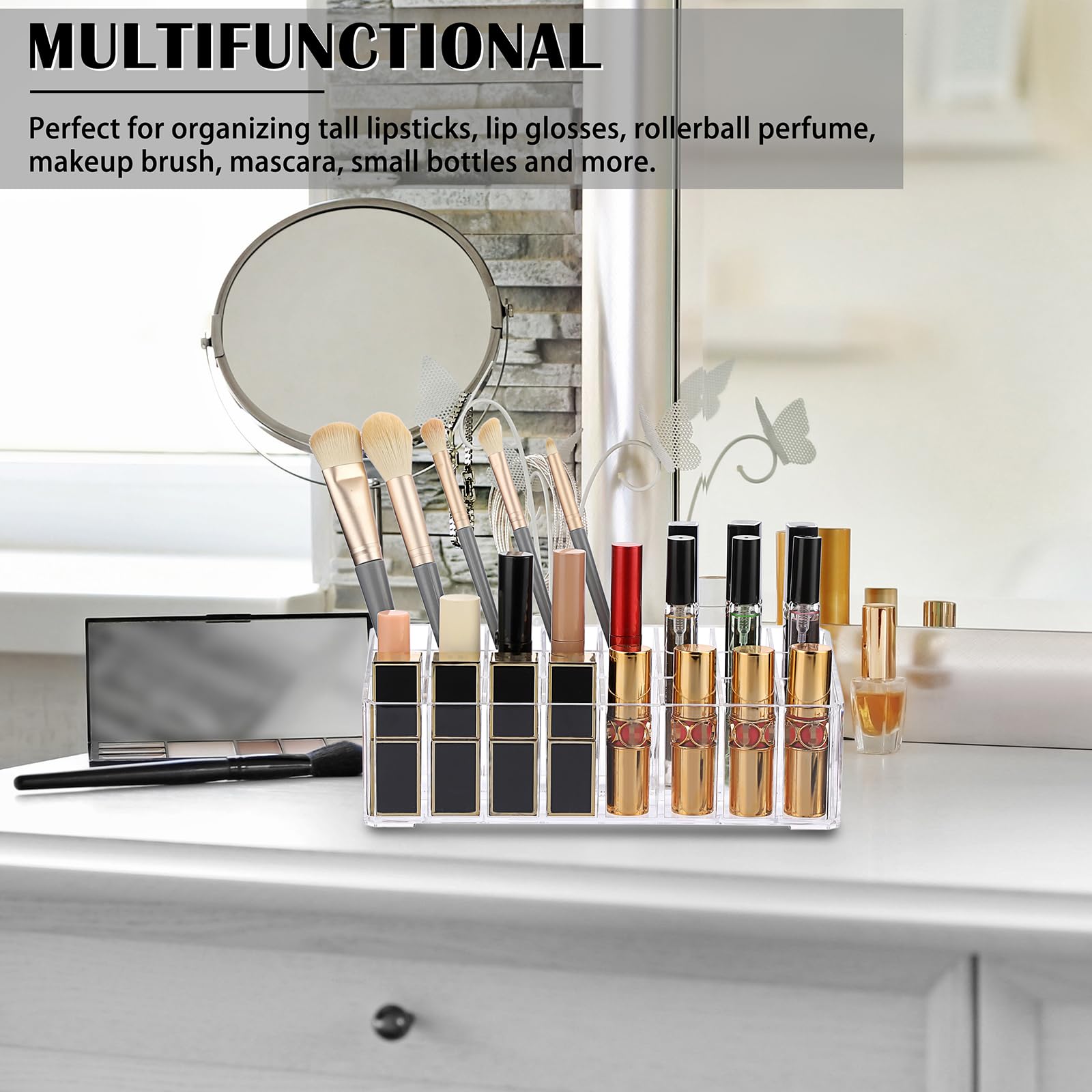 ELLDOO multi-row case keeps perfumes and makeup entries organized at a glance.