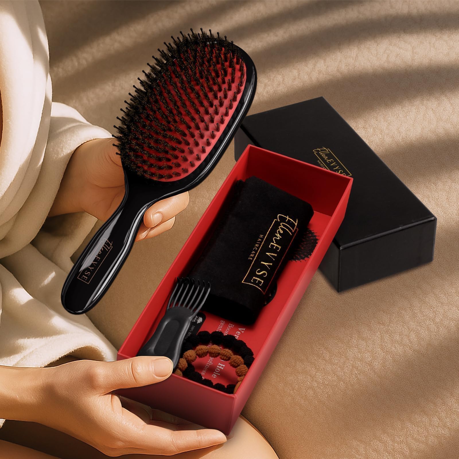 Ellen Evyse boar bristle brush helps reduce breakage and tangles