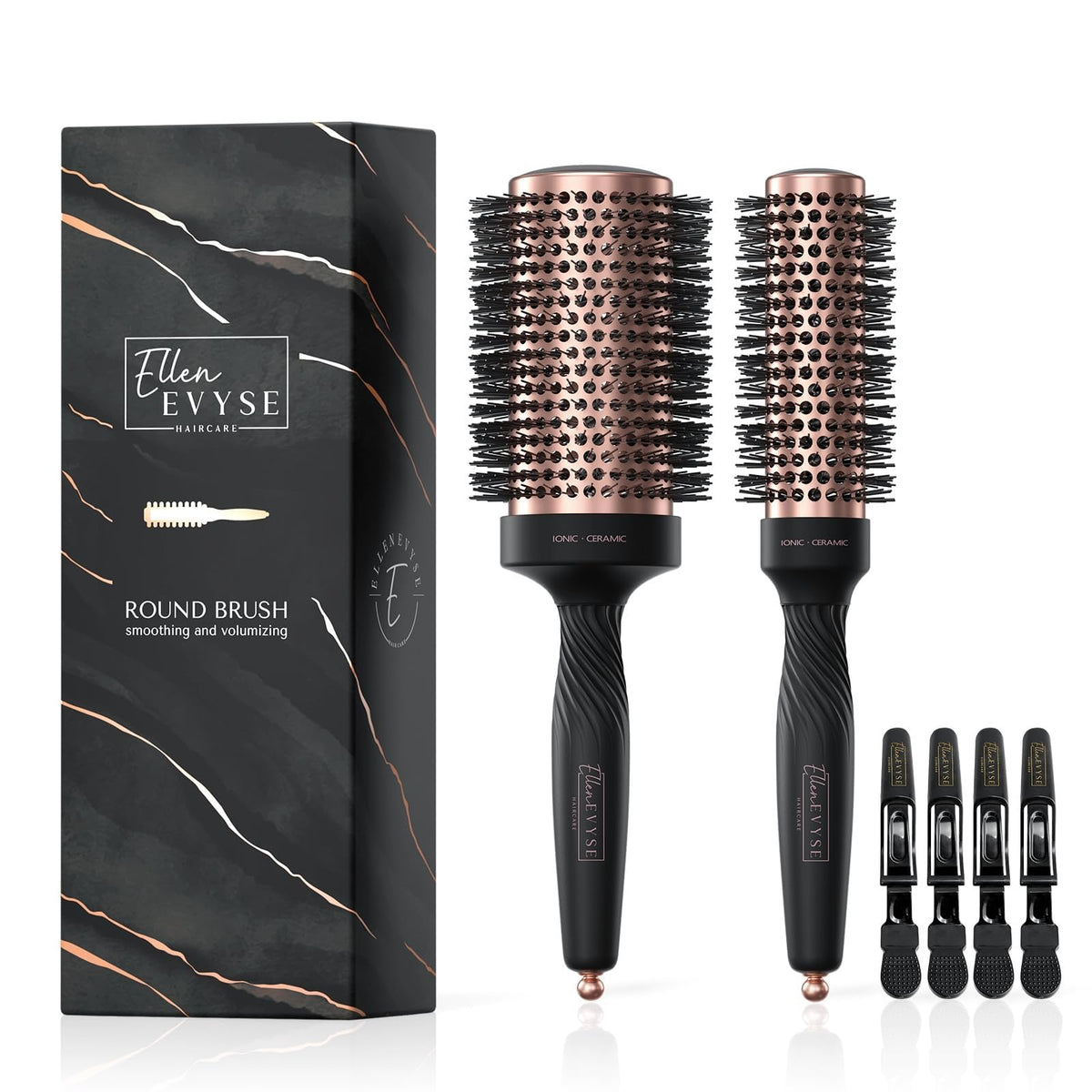 Ellen Evyse round brush ceramic barrel delivers smooth, shiny results.