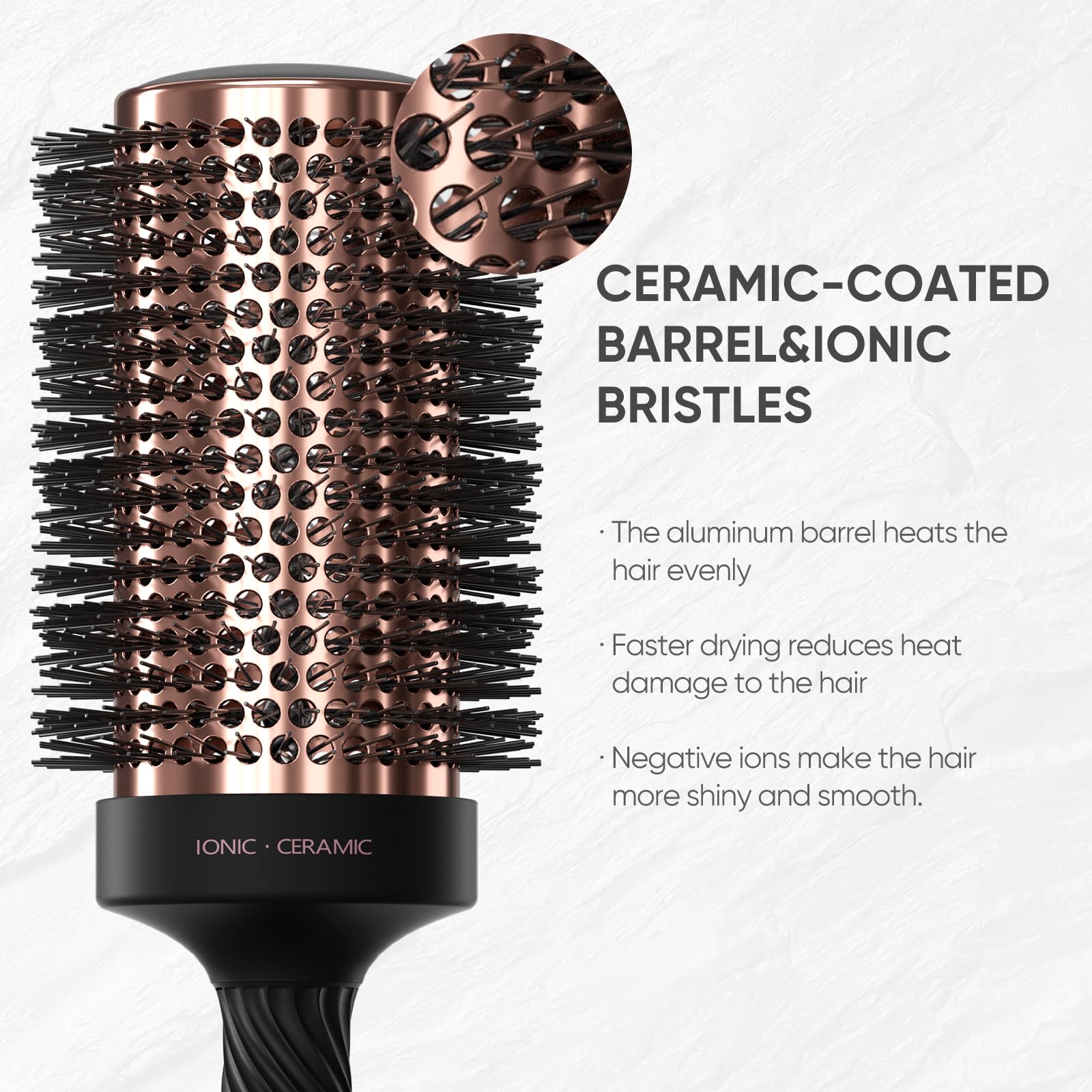 Ellen Evyse round brush non-slip handle reduces fatigue during styling.