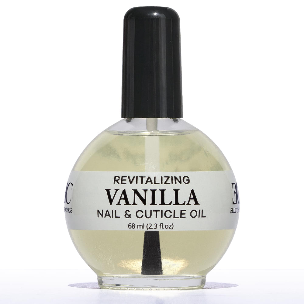 Ellie Chase cuticle oil bottle with vanilla scent for hydrated nails.