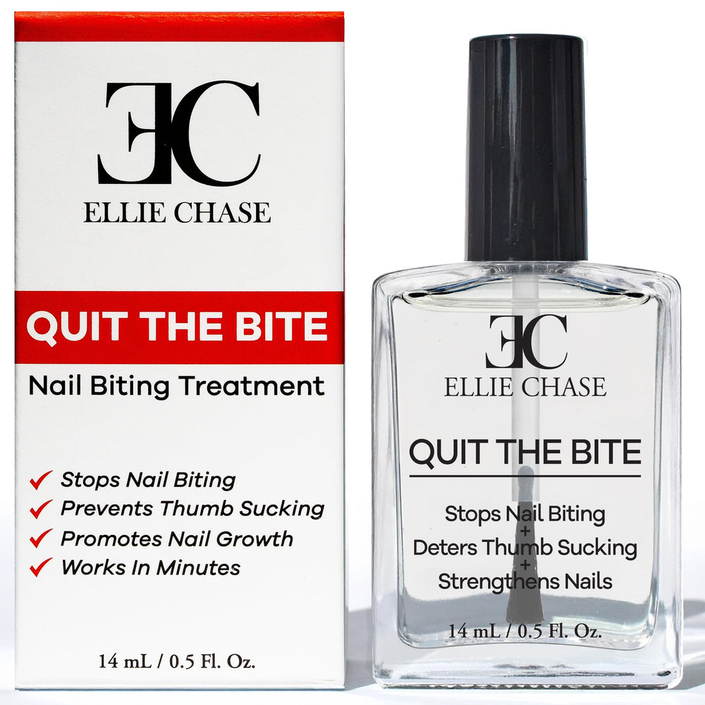 Ellie Chase Stop Nail Biting Polish bottle deters biting with bitter taste.