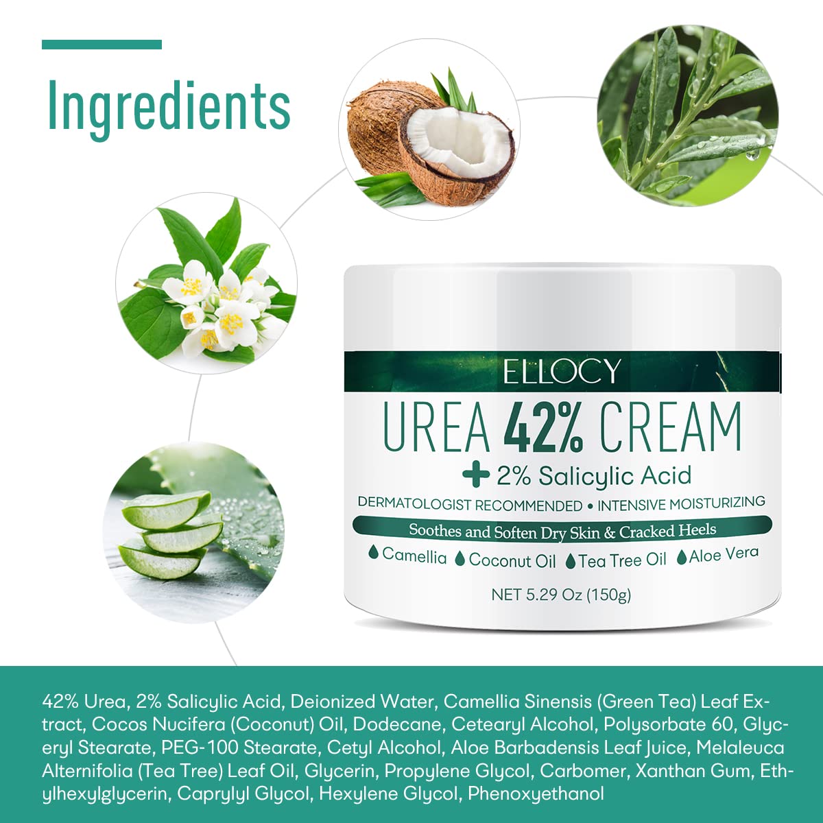 Ellocy Urea Crema para pies: Aloe y coco para nutrición suave.