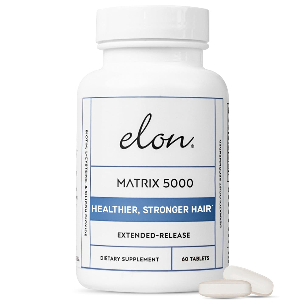 Elon Matrix 5000 bottle on display, highlighting hair support formula