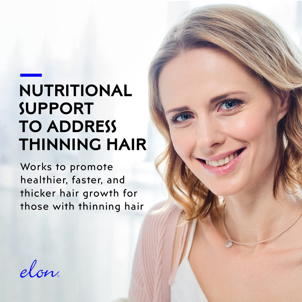 Elon R3 bottle label features fish collagen peptides for hair nourishment.