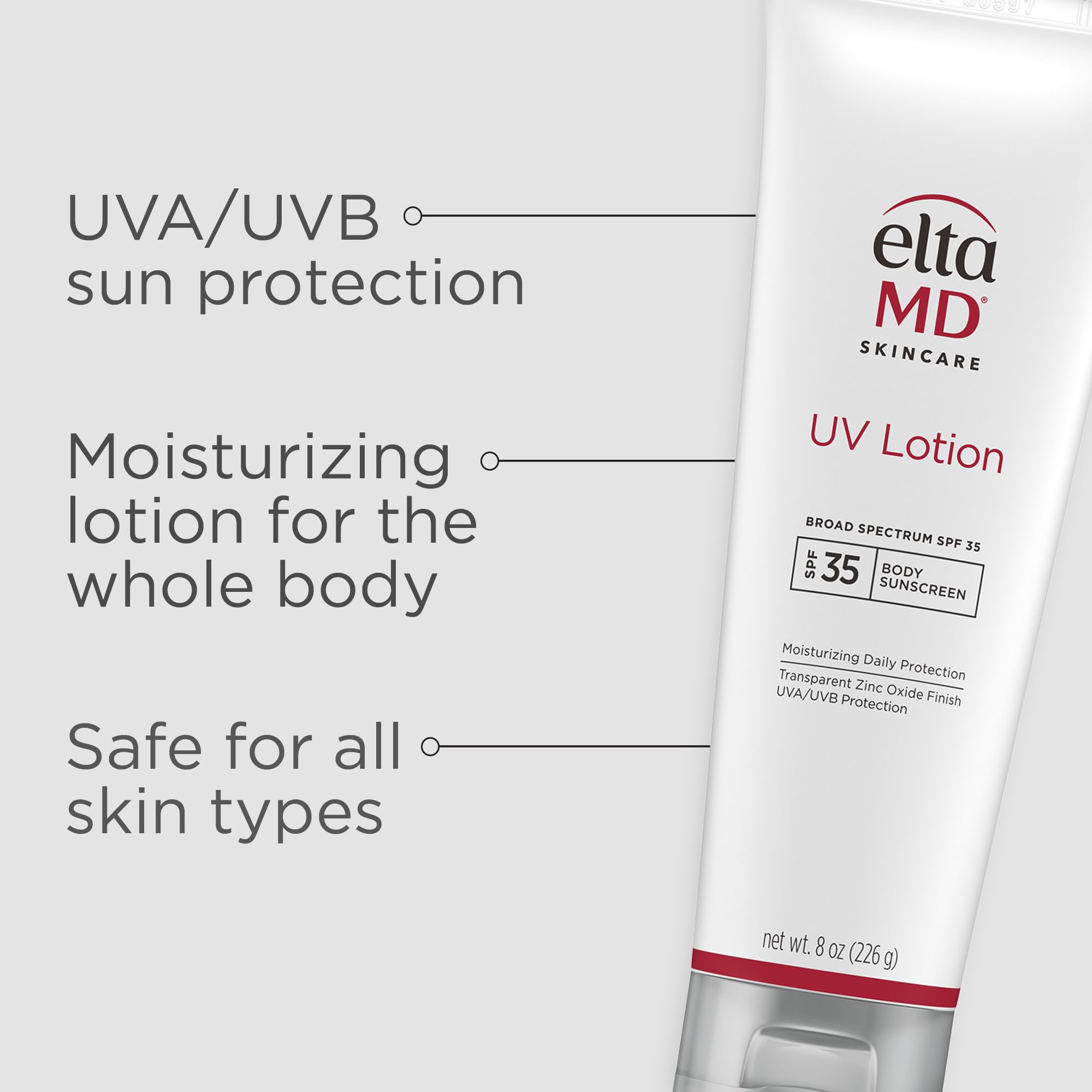 Zinc oxide illustration on EltaMD UV Lotion highlights mineral sunscreen protection.