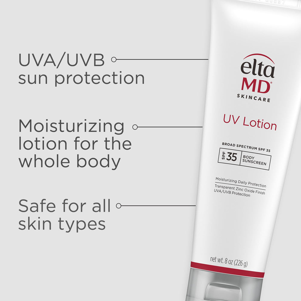 Zinc oxide illustration on EltaMD UV Lotion highlights mineral sunscreen protection.