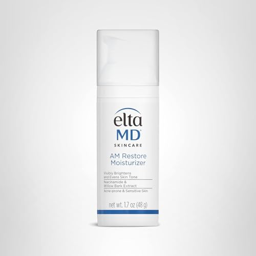 Minimalist bathroom shelf with EltaMD AM Restore among skincare products.