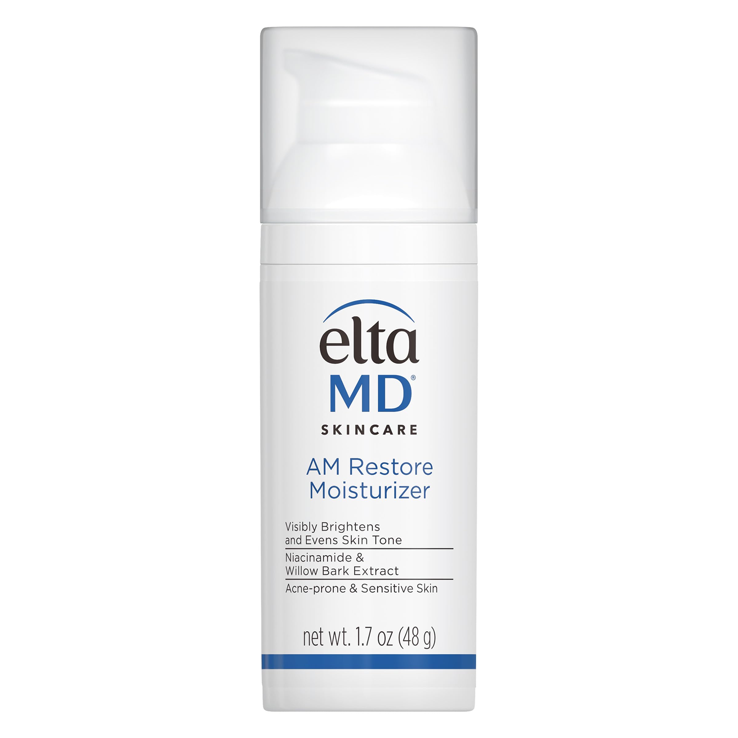 EltaMD AM Restore bottle with pump shows oil-free daily hydration.