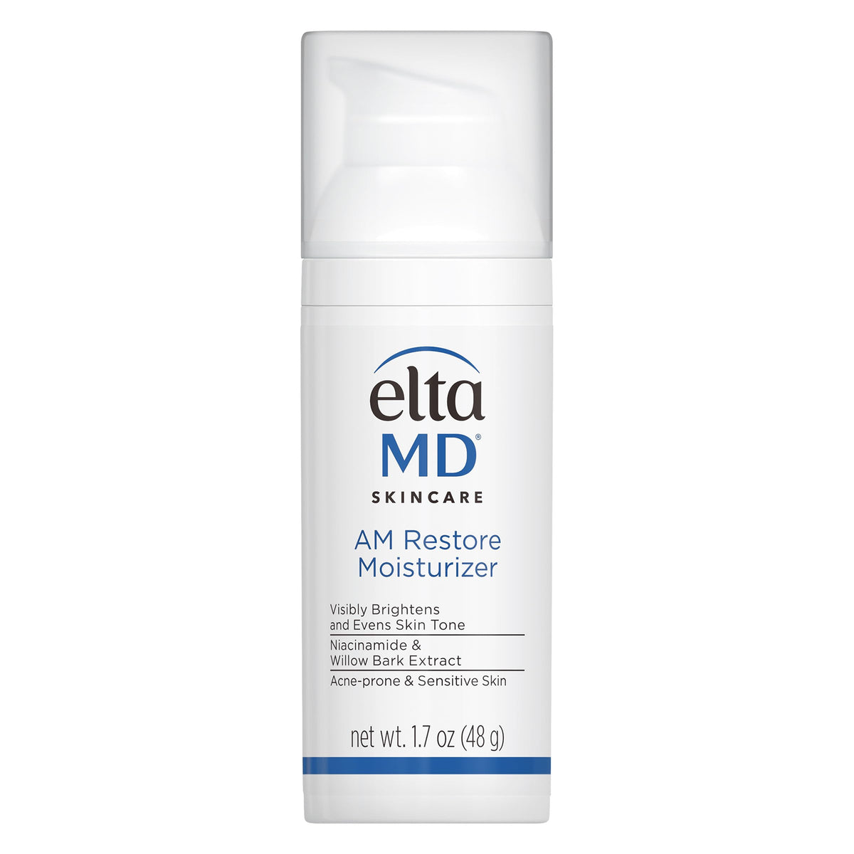EltaMD AM Restore bottle with pump shows oil-free daily hydration.
