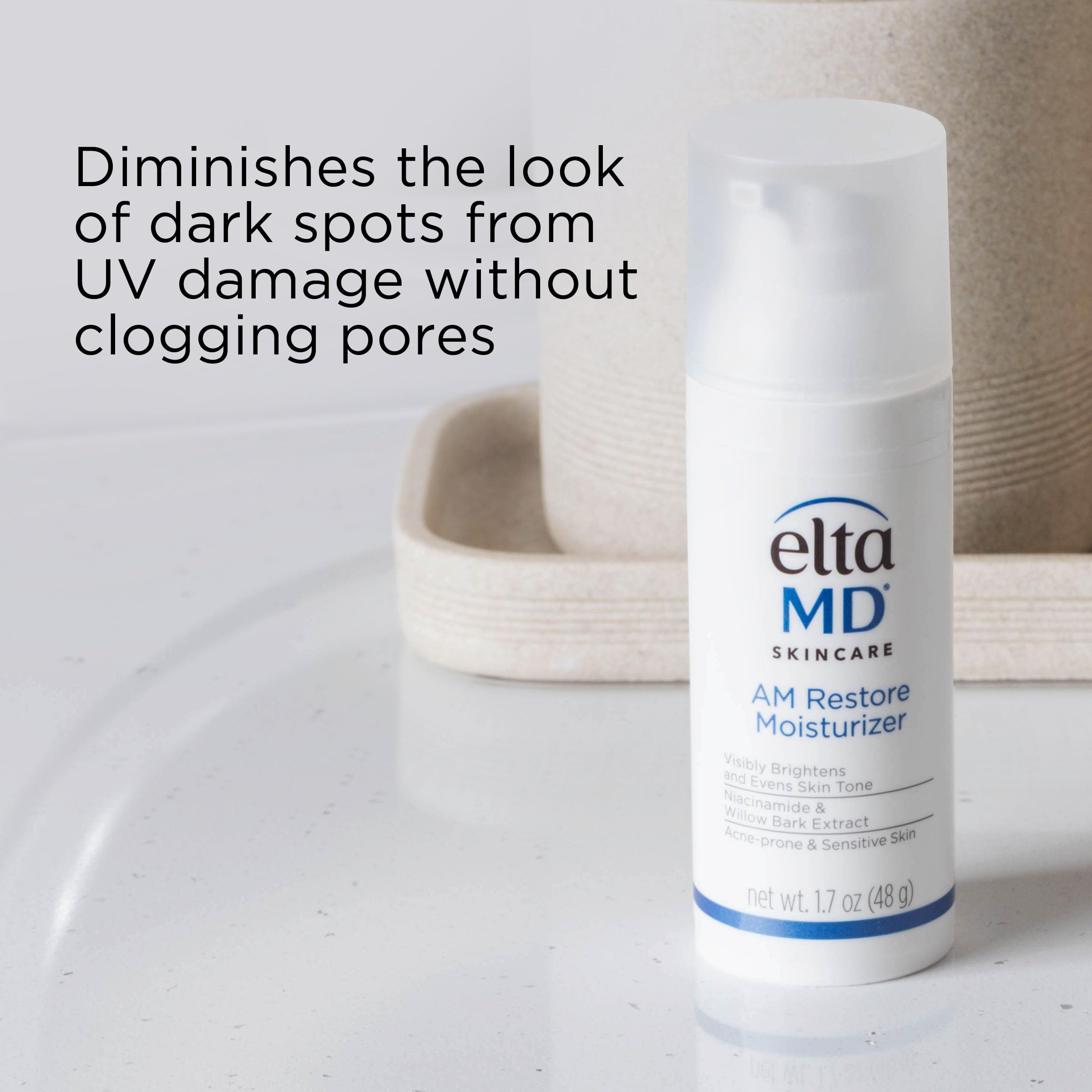 Fragrance-free AM Restore packaging designed for sensitive skin.