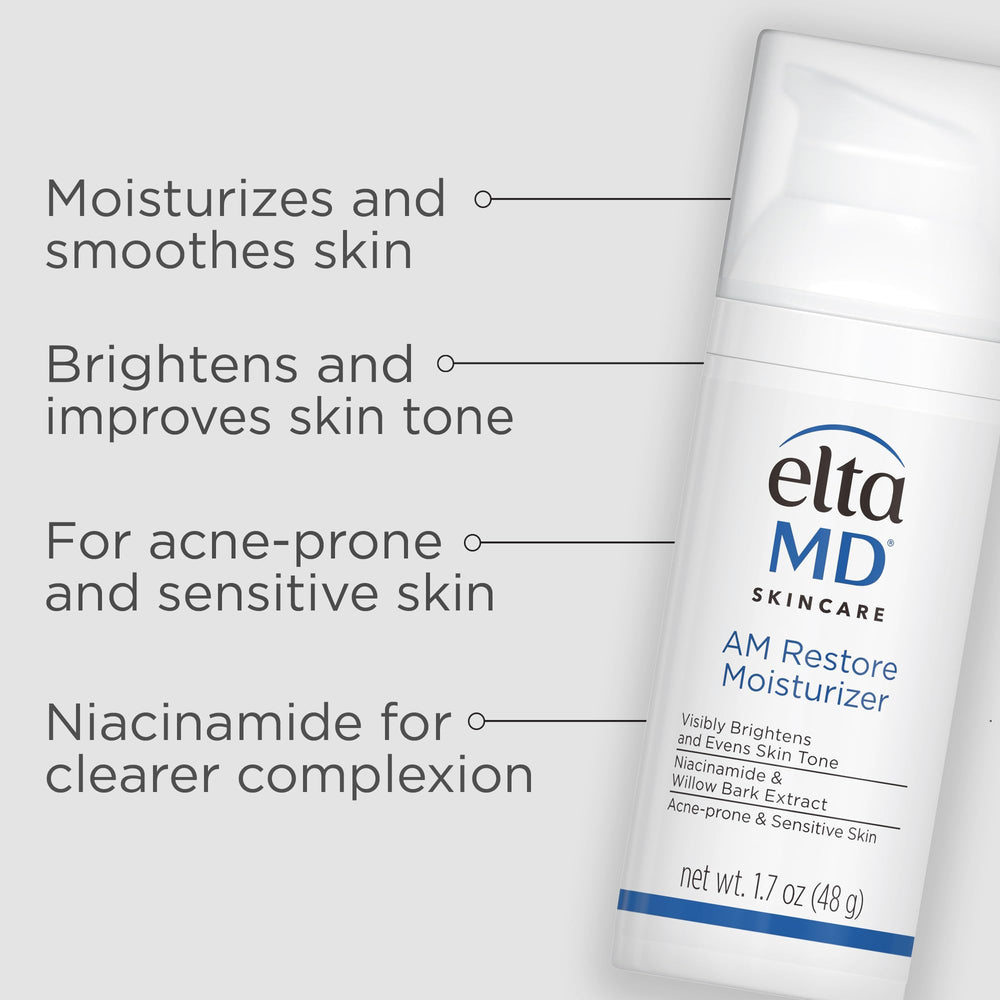 EltaMD AM Restore label highlights niacinamide and hyaluronic acid for hydration.