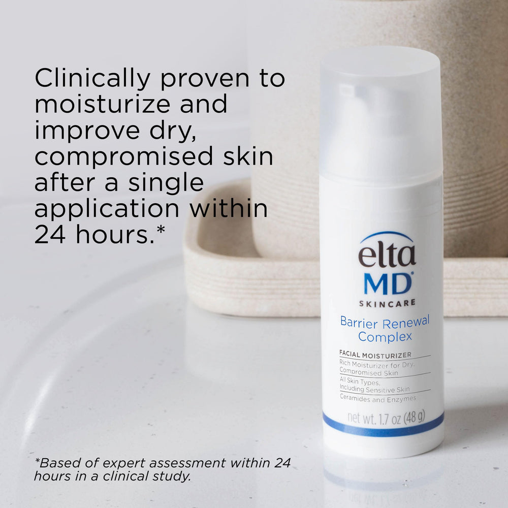 Close-up of visibly moisturized skin after using EltaMD Barrier Renewal Complex.