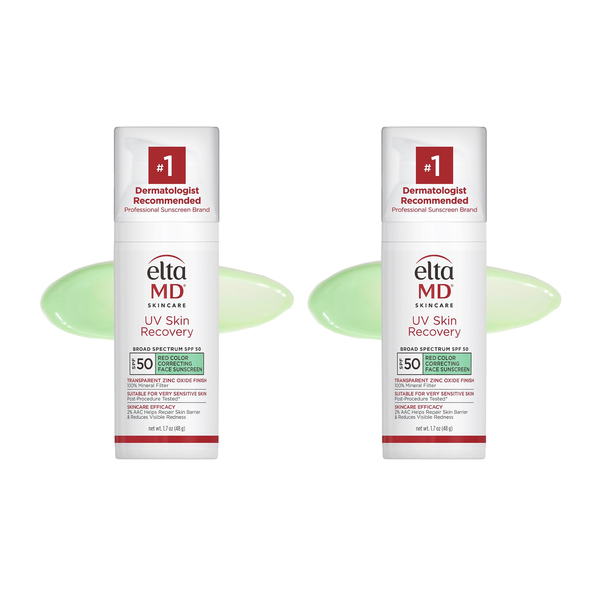 EltaMD green-tinted mineral sunscreen SPF 50 in a 2-pack for redness-neutralizing coverage.