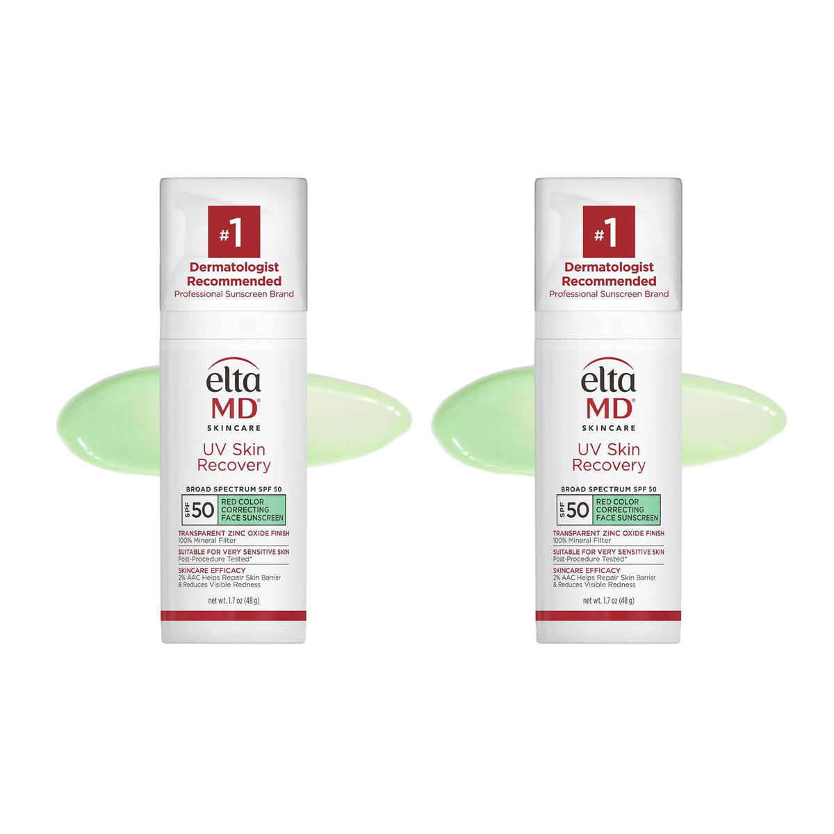 EltaMD green-tinted mineral sunscreen SPF 50 in a 2-pack for redness-neutralizing coverage.