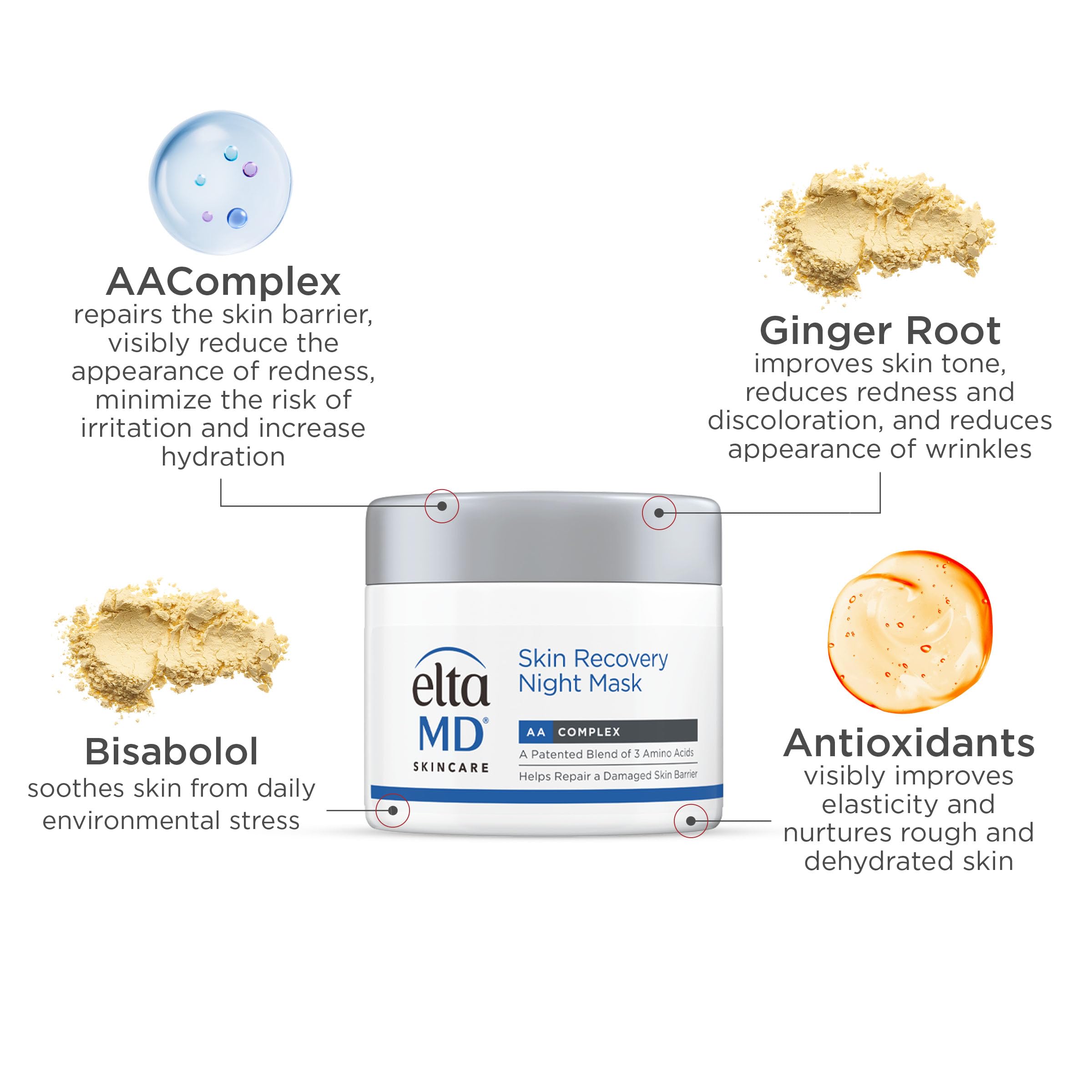 EltaMD imagery of hyaluronic acid and niacinamide supporting supple skin.