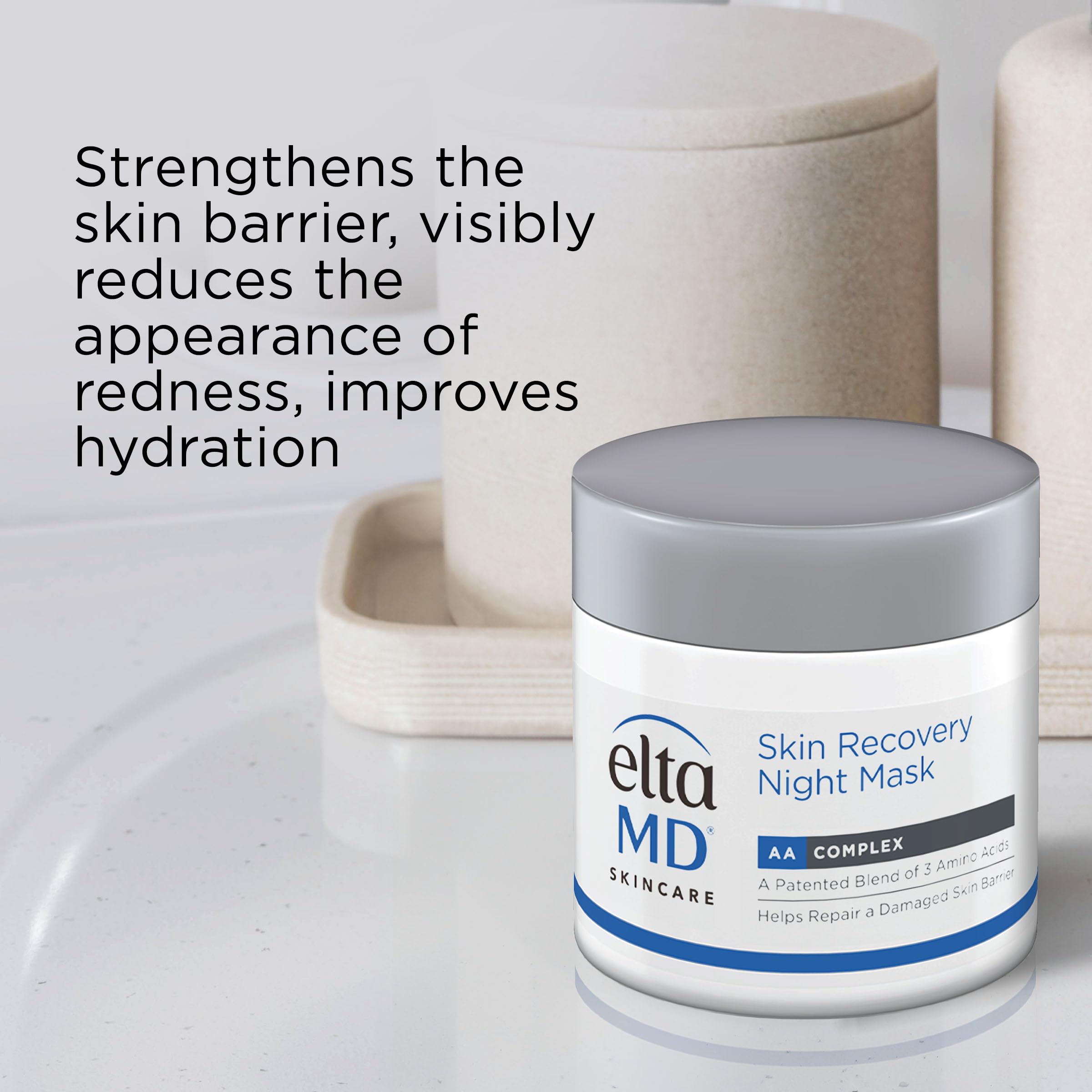 EltaMD Night Mask bottle emphasizes hyaluronic acid and niacinamide for hydration.