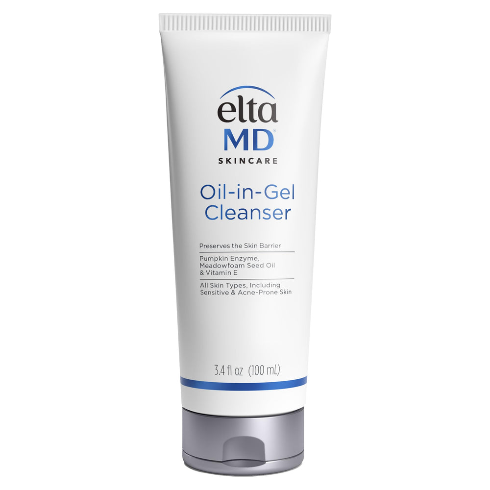 EltaMD Oil-In-Gel Cleanser bottle showing a gentle daily cleanse for balanced skin.