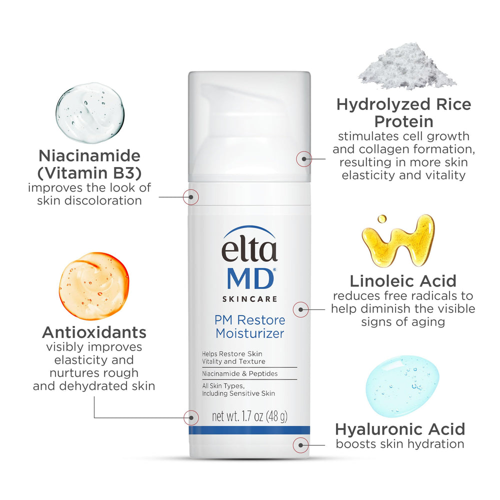 Silky night cream texture of EltaMD PM Restore on skin