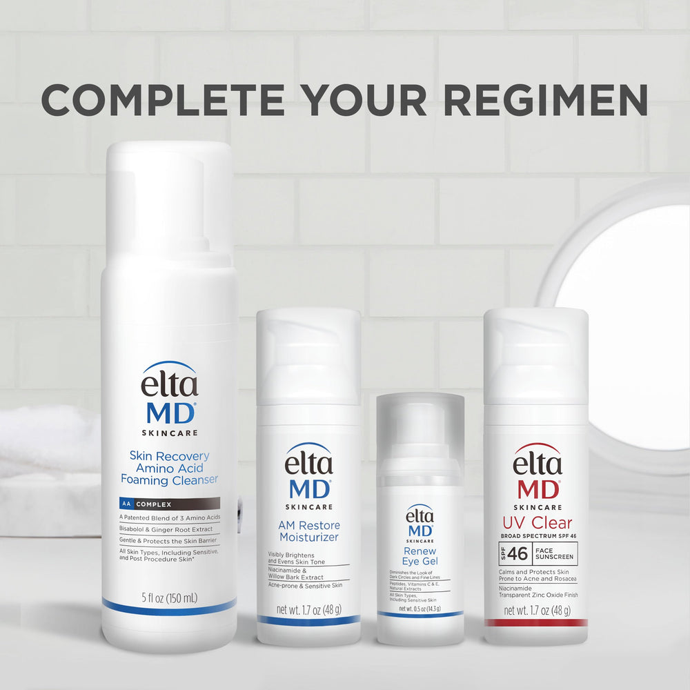 Morning routine shot of EltaMD Renew Eye Gel as part of skincare.