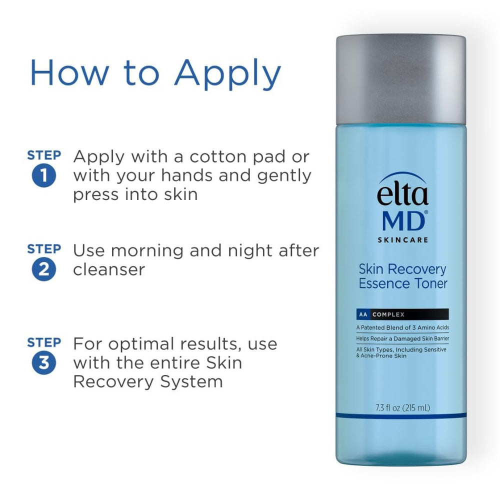 Eltamd Skin Recovery Essence Toner applied with a cotton pad for hydration.