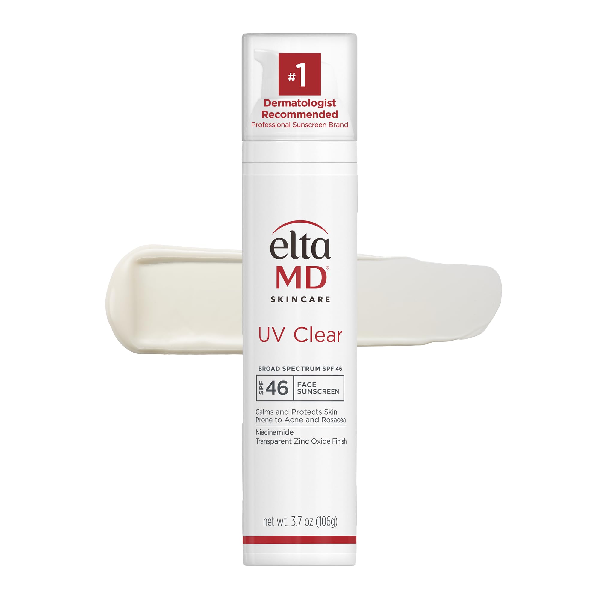 EltaMD UV Clear bottle pump showing oil-free protection for acne-prone skin