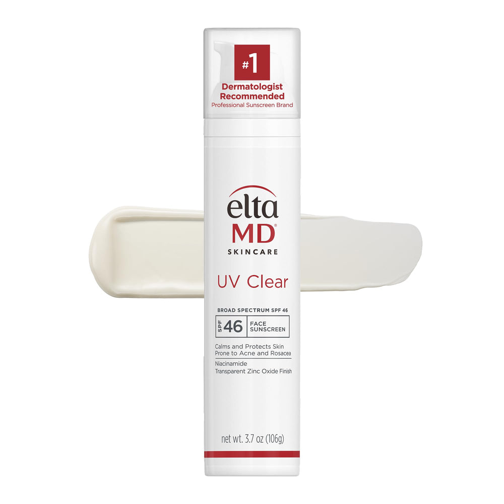 EltaMD UV Clear bottle pump showing oil-free protection for acne-prone skin